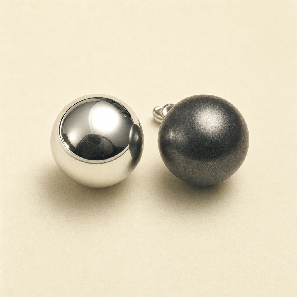 Two spherical Pair earrings, one polished silver-tone and one satin charcoal