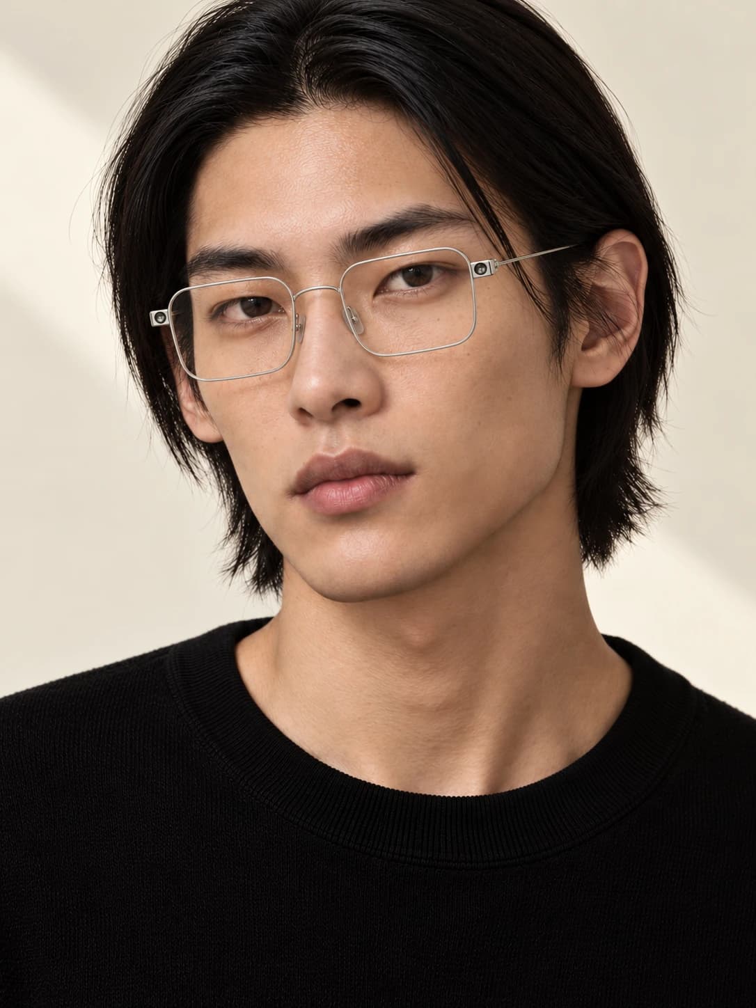 The Pocket in clear, worn by a man with chin-length dark hair